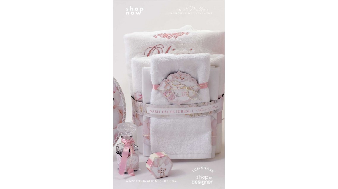 Trusou botez cu ursuleti si flori roz Teddy Bear Baby Girl 1